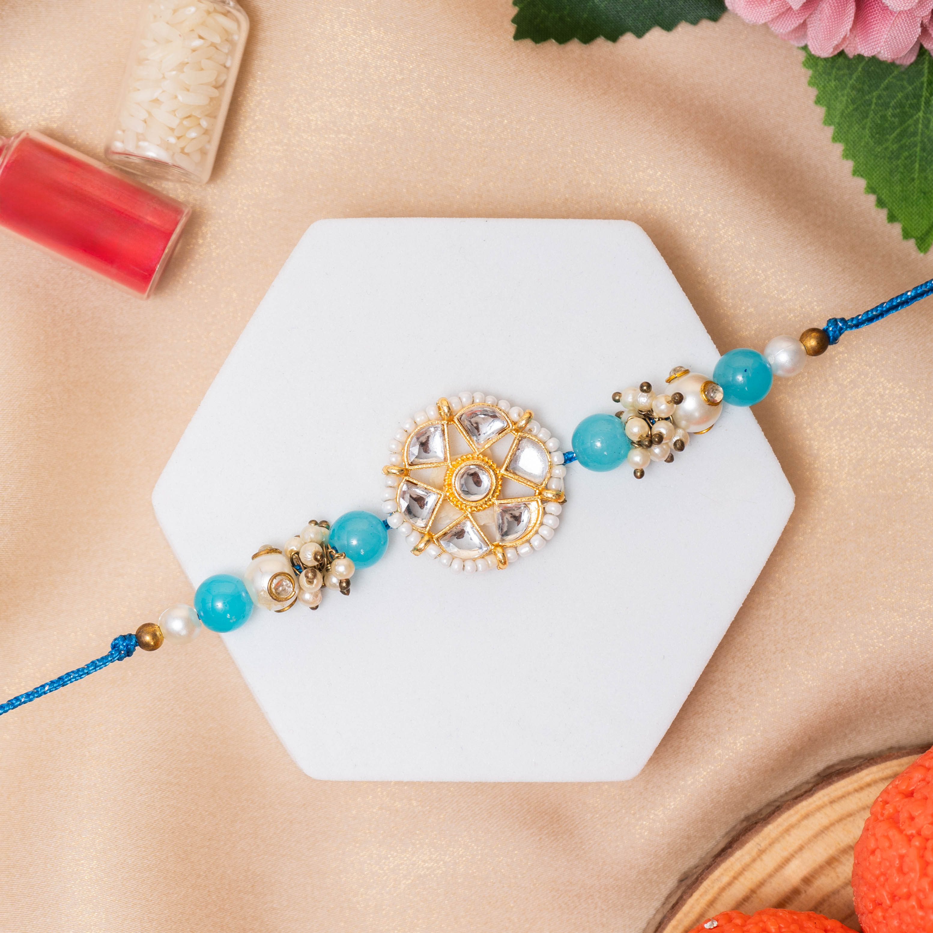 Blue Kundan & Pearl Rakhi